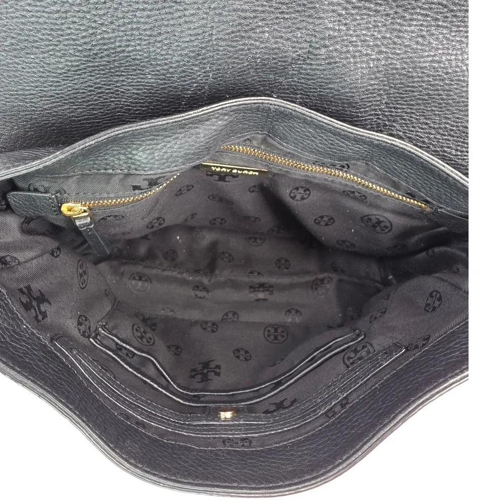 Tory Burch Amanda Black Pebbled Leather Crossbody Messenger Bag Logo Flap‎